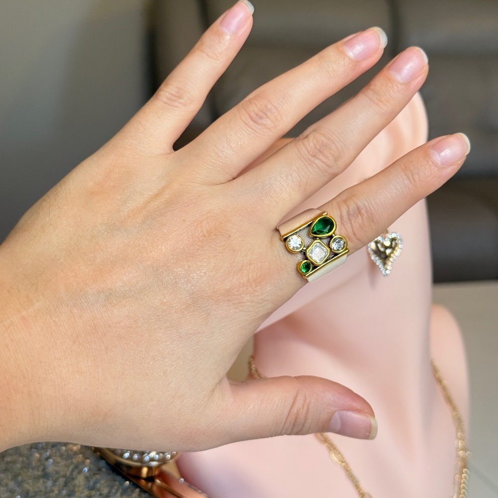 Silver and Gold Ring with Green and Clear Gems - Picture 5 of 7